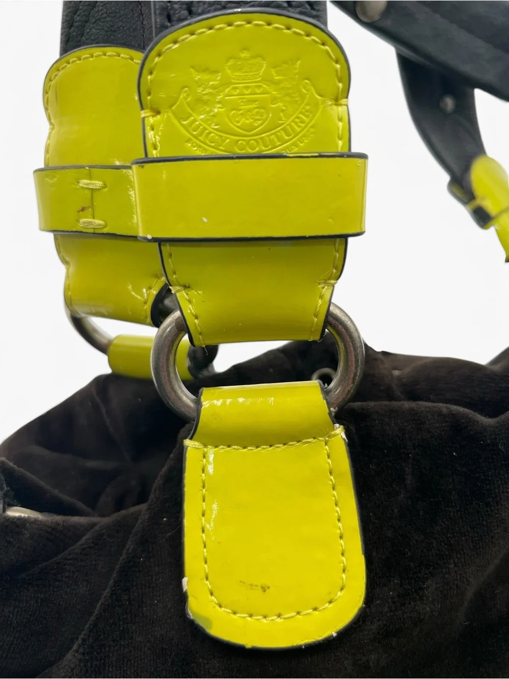 Vintage Y2K Juicy Couture Black Velour Hobo Bag Neon Yellow Scottie Crown Logo